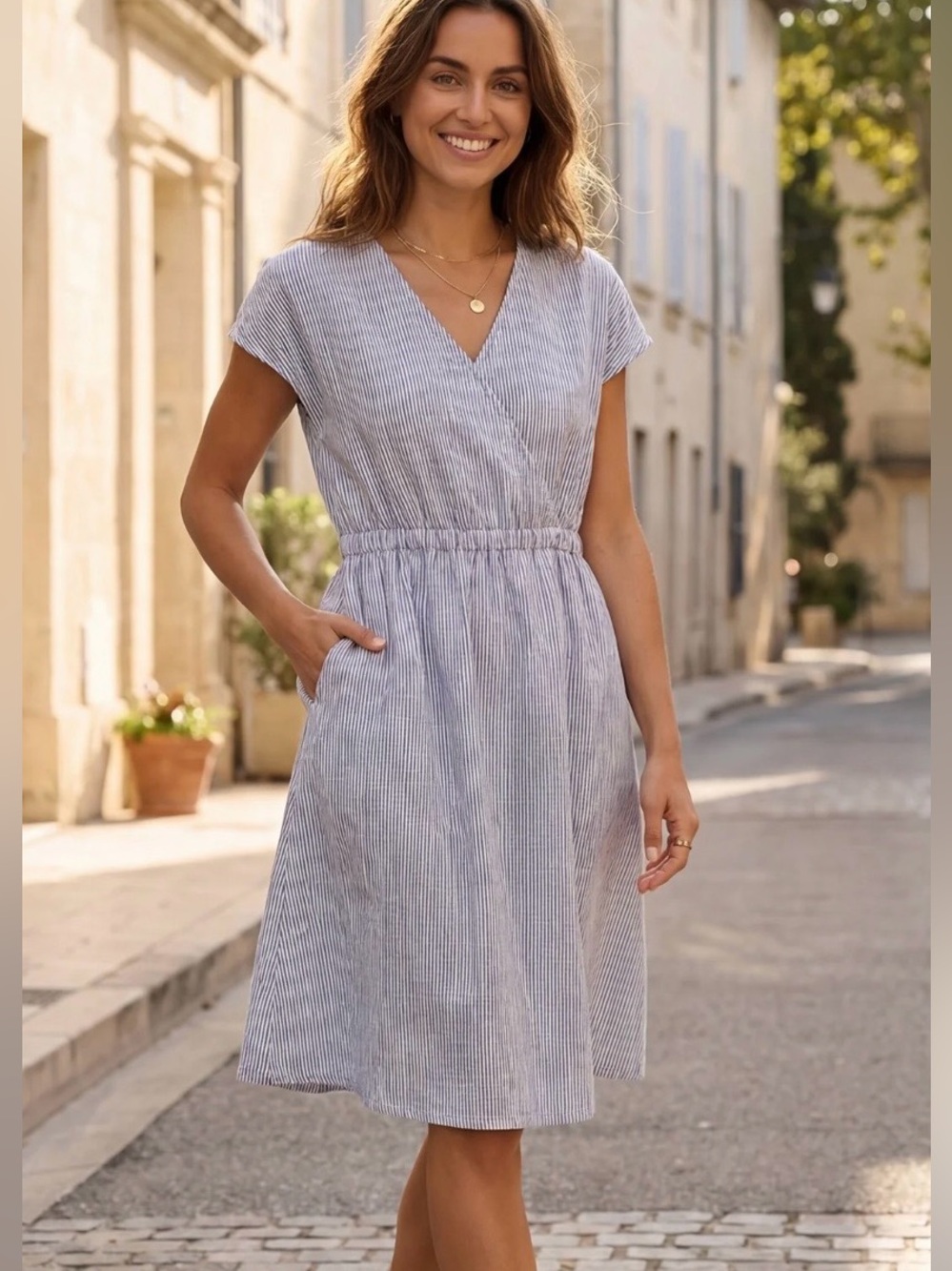 Striped Blue V-Neck Midi Dress with Elastic Waist